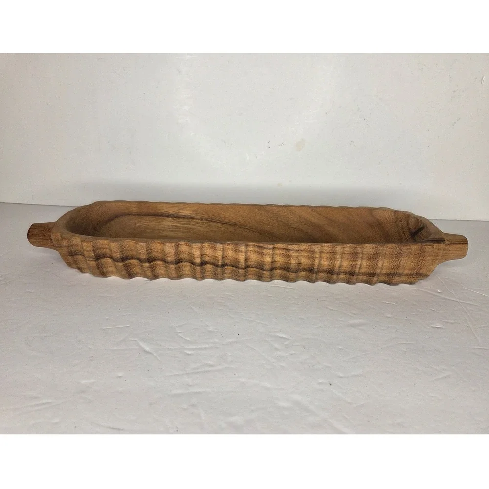 Vintage Hand Carved Scalloped Wood Dough Bowl Rustic Primitive Server Boho